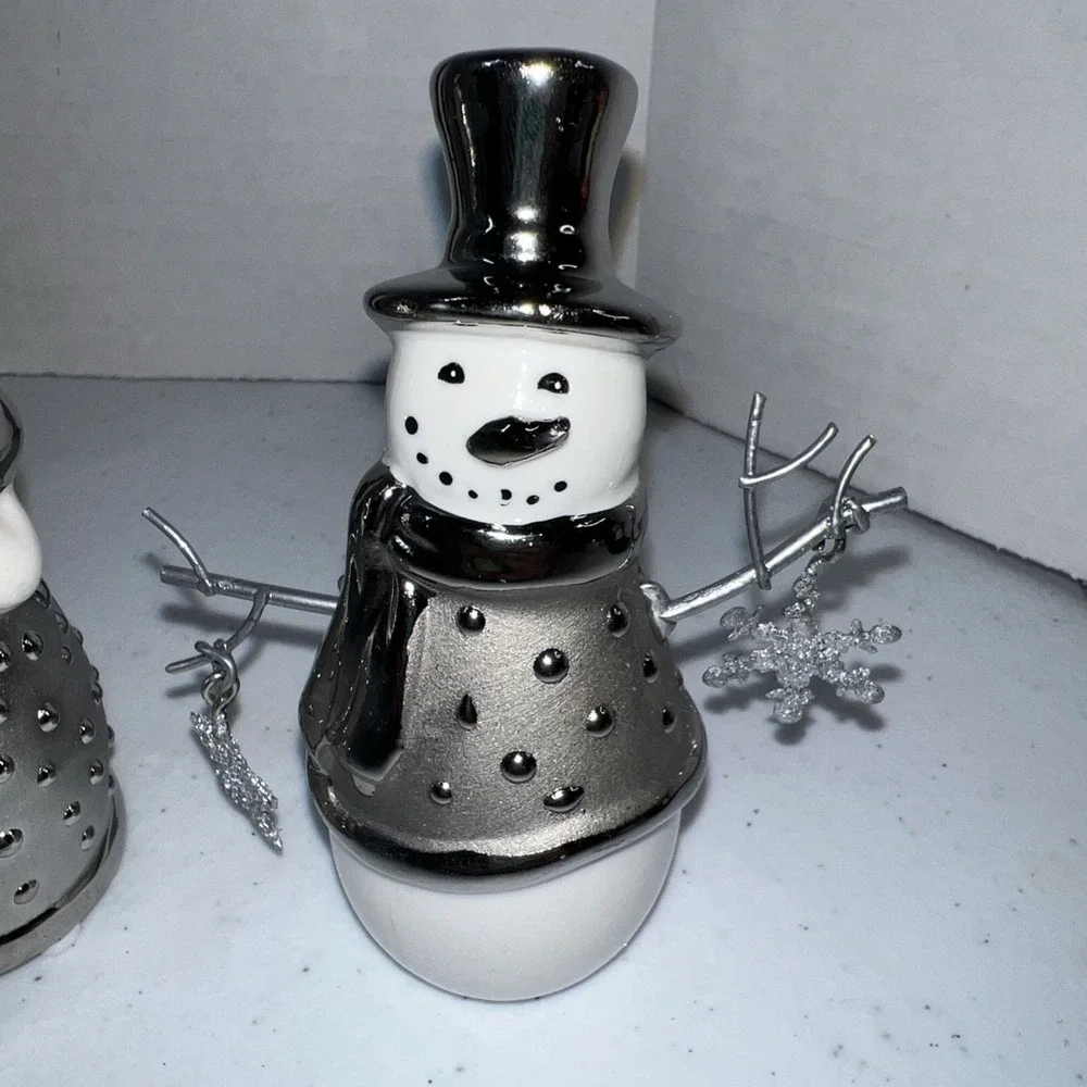 Vintage Pier 1 White Ceramic Snowman  And Santa Figures Silver Christmas